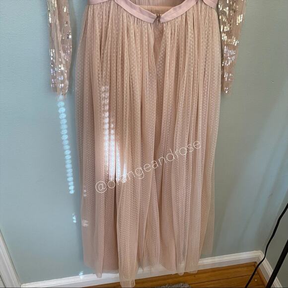 Needle & Thread Blush Pink Sequin Long Sleeve mesh Open Back Tulle Maxi Gown 6 - Picture 12 of 16